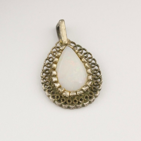 Vintage Opal Sterling Silver Necklace Pendant Teardrop Pear Filigree - Picture 3 of 5